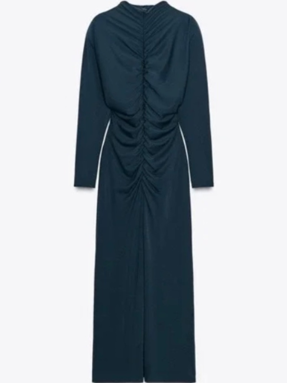 Zara Ruched Long Sleeve Maxi Dress High Neckline Petrol Blue Whimsigoth Large - Picture 6 of 11